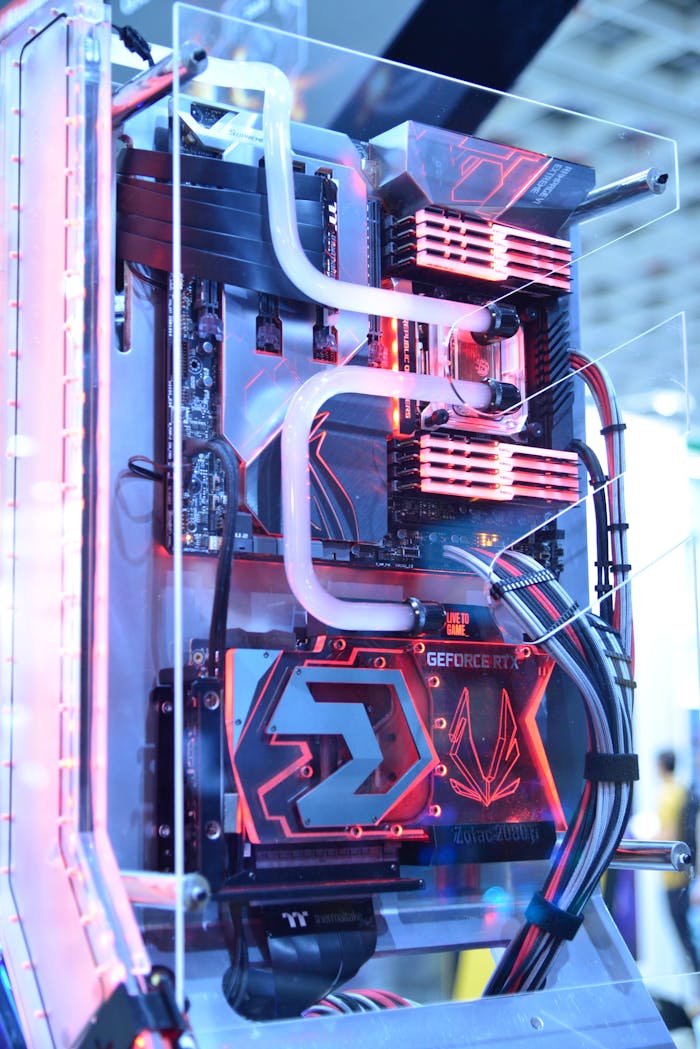 Services Close-up view of a custom gaming PC with water cooling and LED lights, highlighting advanced technology.